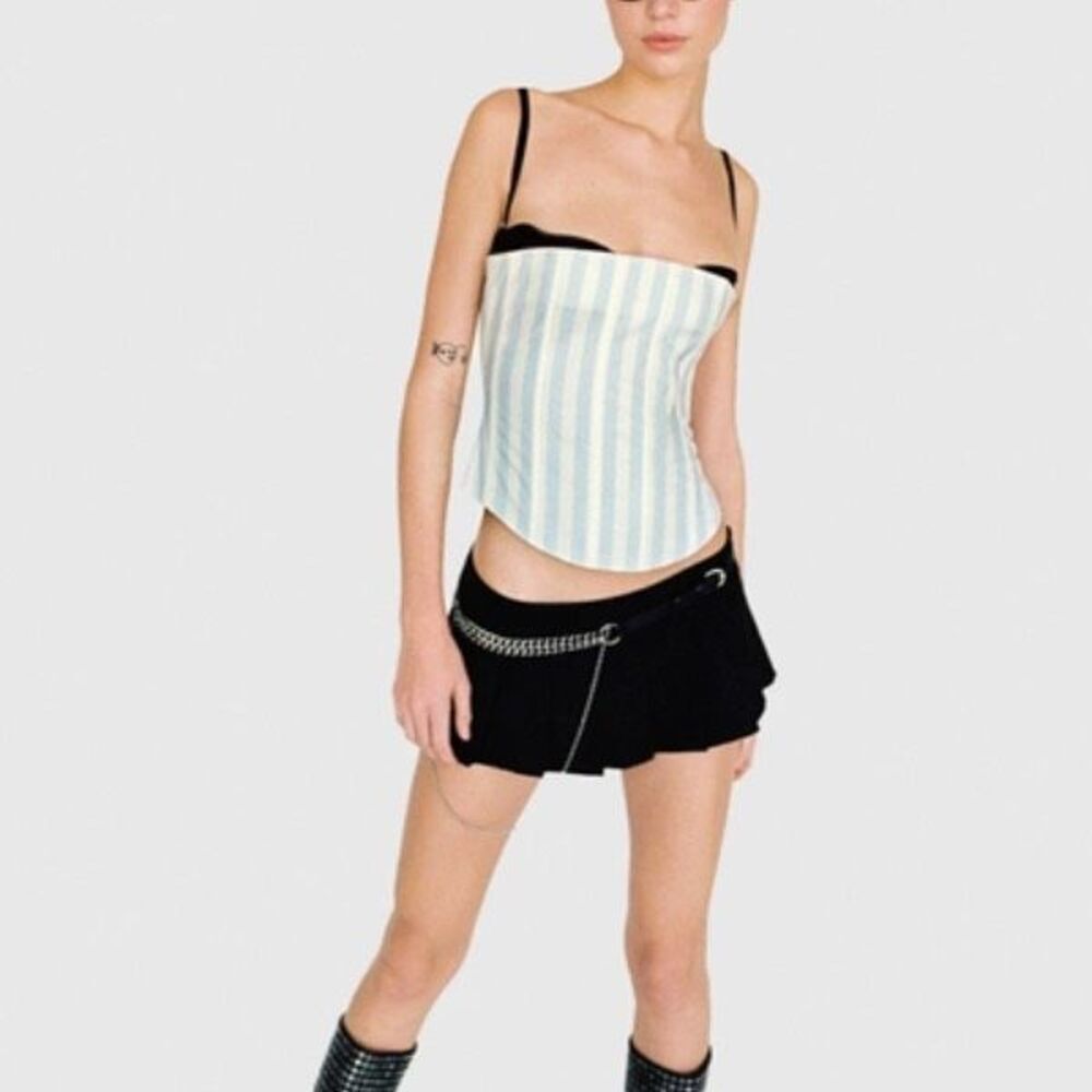 Miaou Black-Strap Corset Top with Pale Blue & White Stripes
